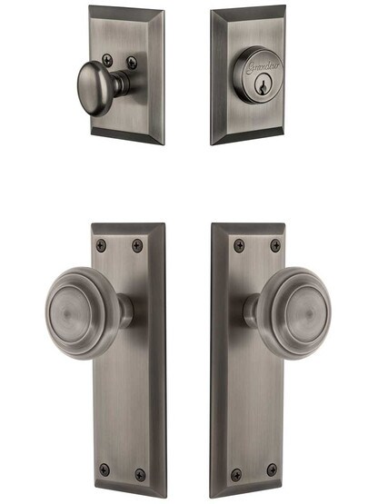 Grandeur Fifth-Avenue Entry Door Set, Keyed Alike with Circulaire Knobs in Antique Pewter.
